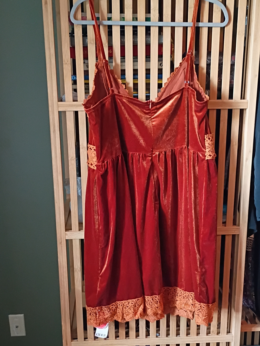 NWT Cider Curve Velvet Lace Trim V-Neck Mini Babydoll Dress - Rust Orange - Picture 3 of 8